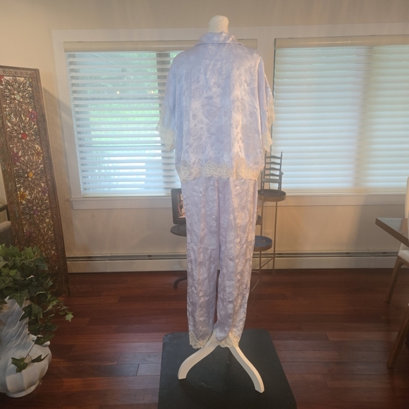 VTG Christian Dior Floral Lace Bow Satin Negligee Pajama Set Light Blue Large - Picture 9 of 15